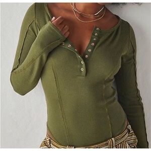 Free People Forest Green Long Sleeve Bodysuit